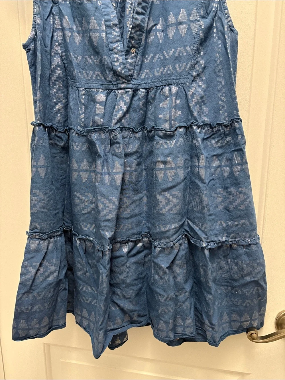 Elan Blue Metallic Burnout Tiered Boho Mini Dress Medium - Picture 4 of 7